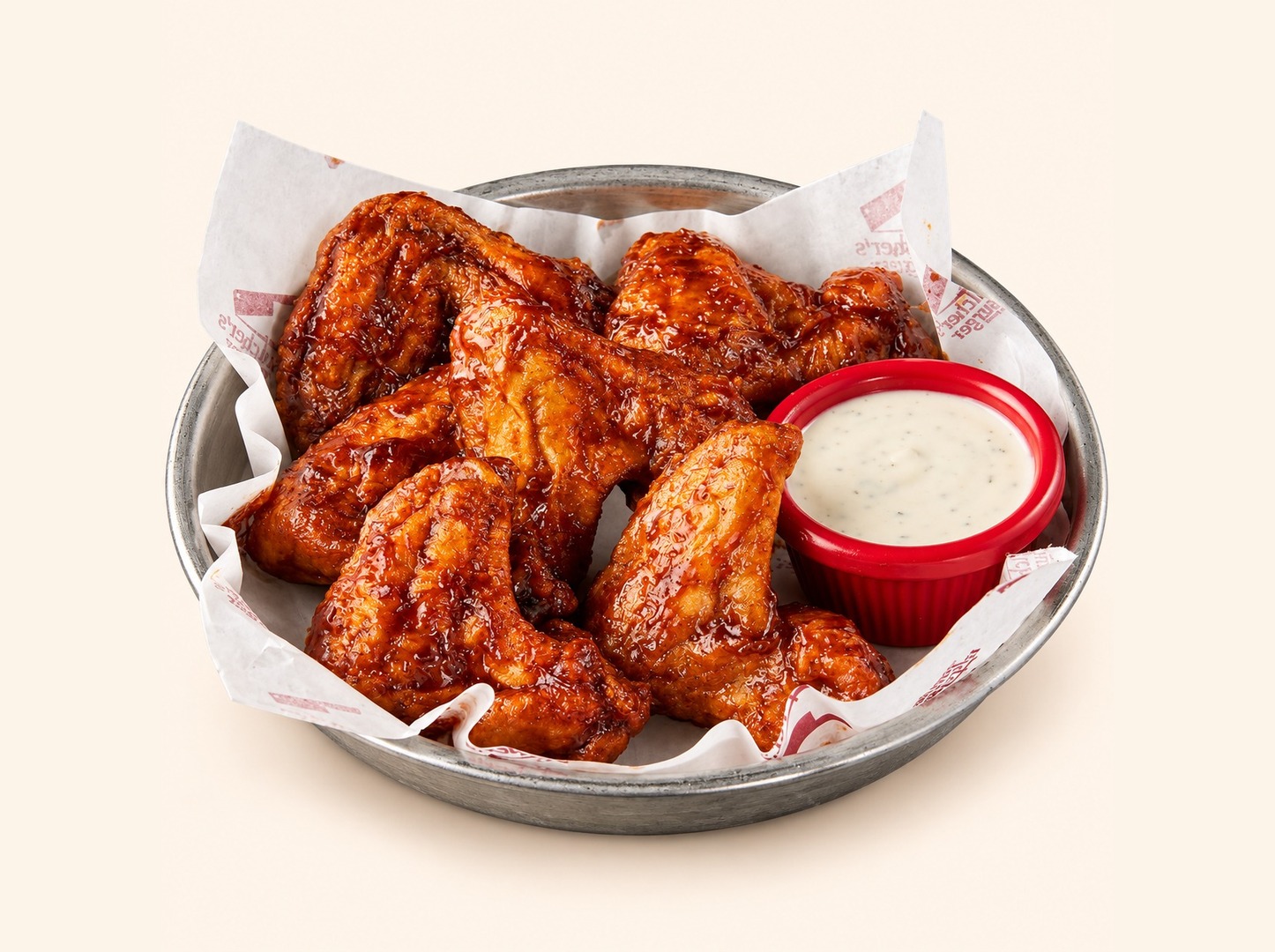 Actual Butcher’s glossy BBQ wings with ranch dip